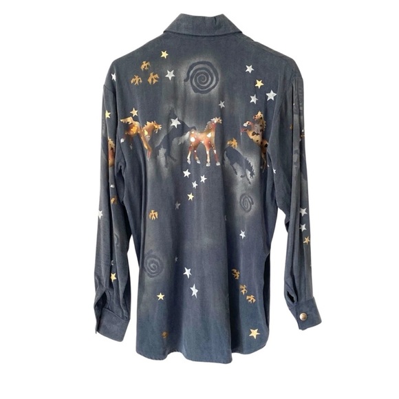 Crain Vintage Designer Hand Painted Cowgirl Horse Equestrian Shirt size XS Blue - Picture 7 of 10